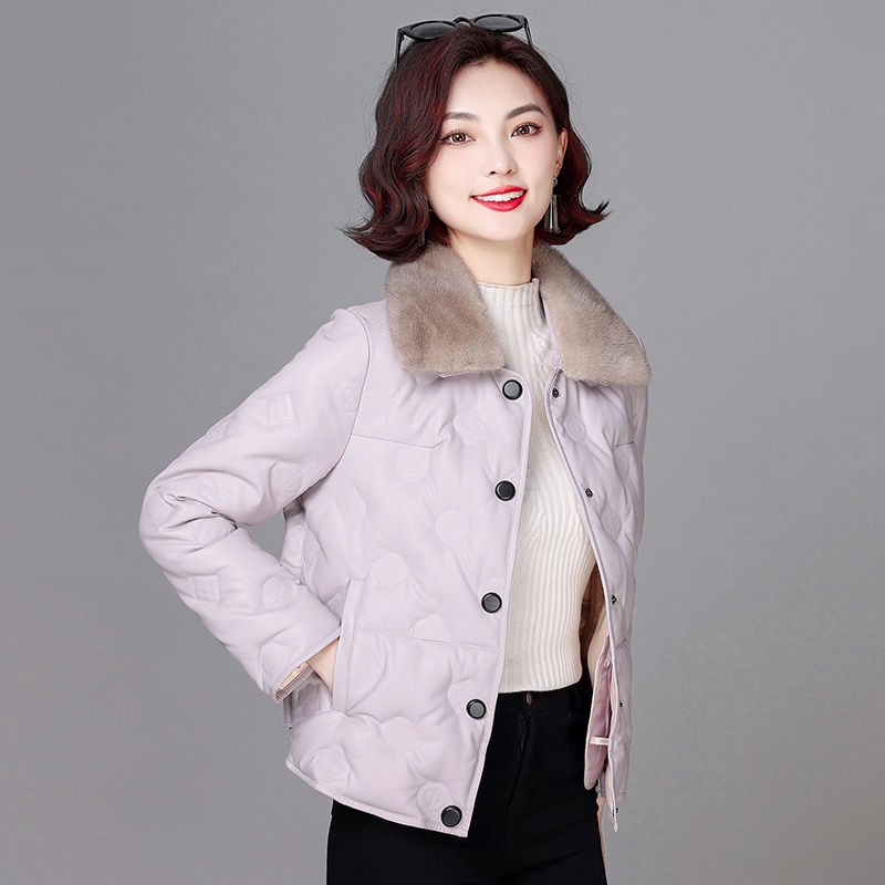 海宁真皮羽绒服女短款2025冬新款修身绵羊皮衣水貂毛领保暖外套