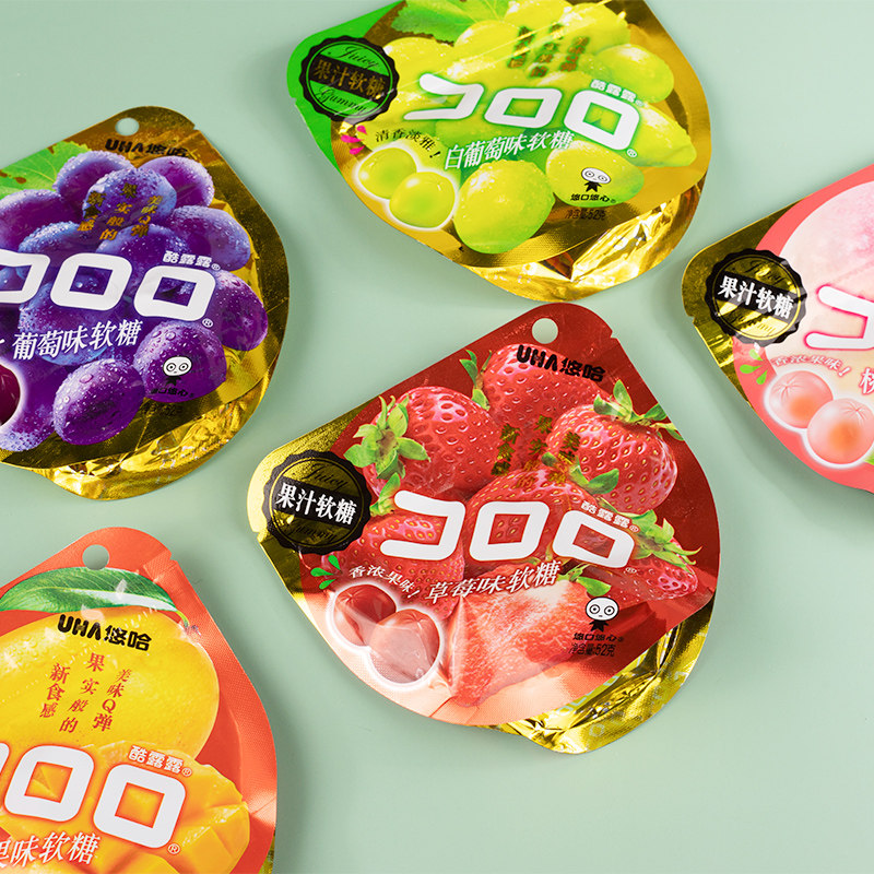 uha悠哈 酷露露葡萄/白葡萄/草莓/水蜜桃果汁软糖休闲零食52g*6包