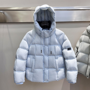 秋冬新款90新国标女士加厚保暖时尚泡芙柔软格纹领宽松连帽羽绒服