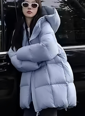 张贝贝超轻无胆90%白鸭绒面包服外套女连帽中长款泡芙加厚羽绒服