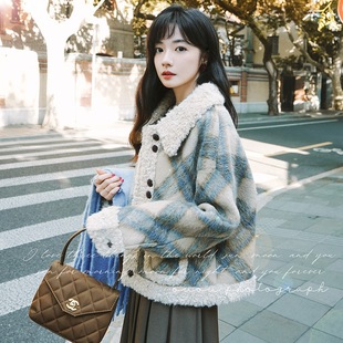 今年流行特惠复古格纹设计感短款 小个子保暖 羊羔毛外套女2025冬季