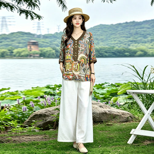 今年流行特惠时尚套装2029夏季新款女装印花衬衫搭配休闲裤子两件