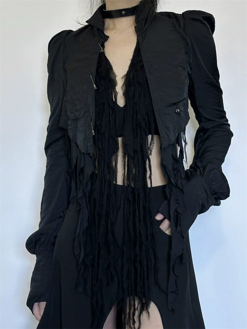 thumbnail for MOONLET exclusive homemade tassel pre-loved dark niche design autumn long sleeve cropped shirt top for women