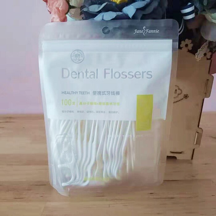 包邮简芬妮袋装便携盒子式高分子线+直柄牙签线/牙线棒100支装F68图片