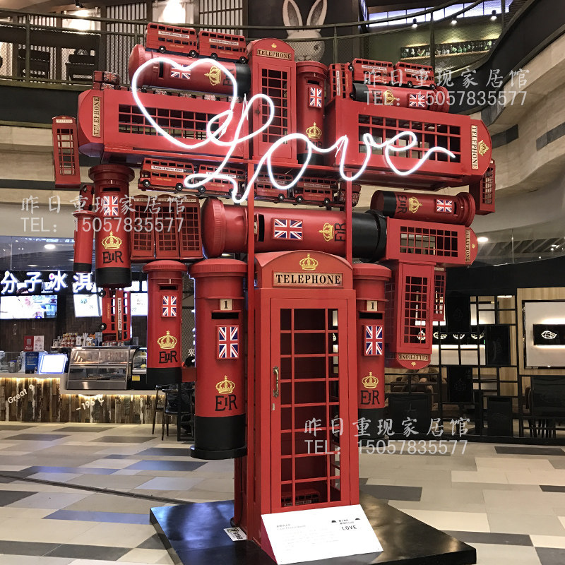 定制复古英伦铁艺电话亭模型摆件装饰道具网红门橱窗酒吧大储物柜