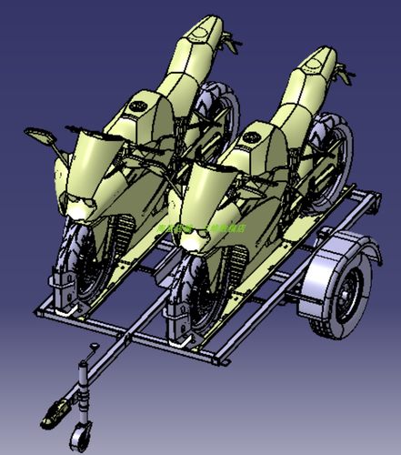 运送2两辆摩托车拖车挂车3D三维几何数模型stp格式运输2轮拖挂车