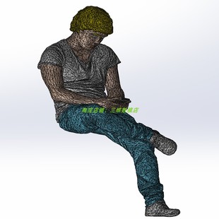 坐姿玩手机男孩雕塑像3D打印素材三维几何数模型男生stl帽子stp