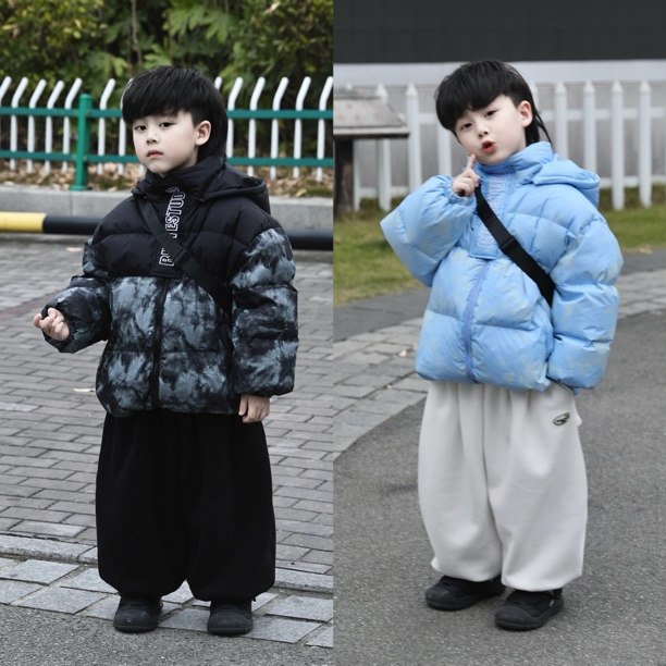 Jimmy妈童装【坠落月球】冬新款儿童帽子可卸扎染拼色羽绒服外套