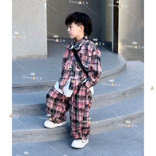 Jimmy妈童装【粉墨绝色】秋季新款儿童粉黑格子假两件衬衫套装