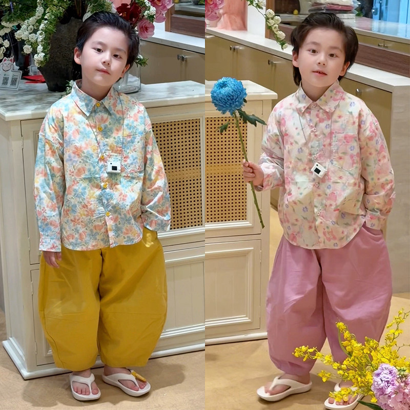 Jimmy妈童装【花开半夏春·儿童碎花长袖衬衫亮色休闲九分裤套装