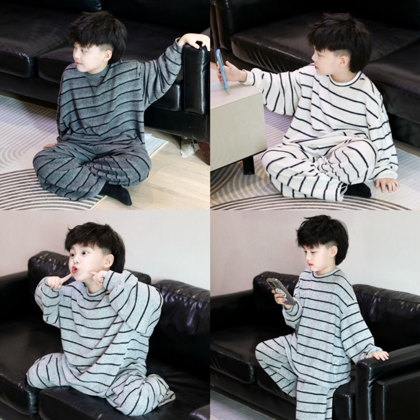 Jimmy妈童装 跌落云端 秋冬新款儿童软软糯糯撞色条纹家居服套装