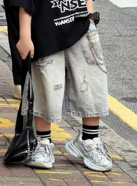 Jimmy妈童装【灰色地带】夏季·薄款格纹内衬破洞水洗牛仔短裤