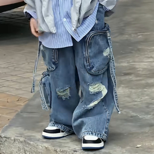 ·重工多口袋水洗破洞牛仔裤 Jimmy妈童品 牛仔很忙 春季 直筒裤