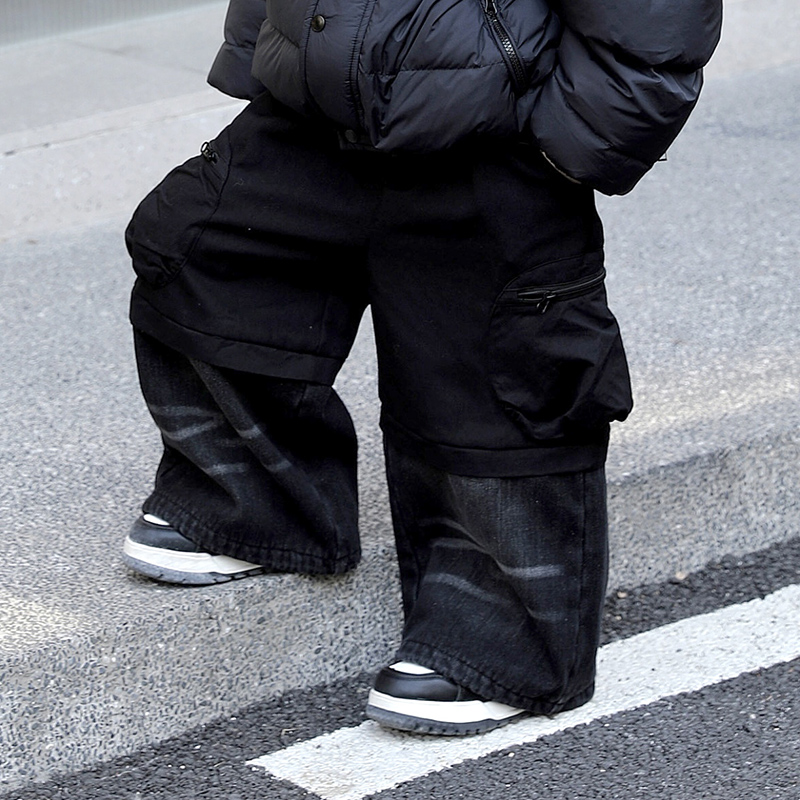 Jimmy妈童装【街头舒适区】冬季新款拼接儿童牛仔拼接加绒工装裤