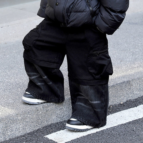 Jimmy妈童装【街头舒适区】冬季新款拼接儿童牛仔拼接加绒工装裤