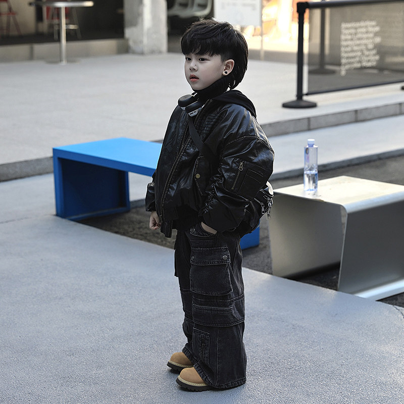 Jimmy妈童装【特立独行】冬新款儿童假两件复古做旧夹棉皮衣外套