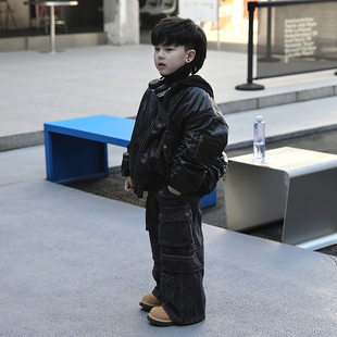 Jimmy妈童装【特立独行】冬新款儿童假两件复古做旧夹棉皮衣外套