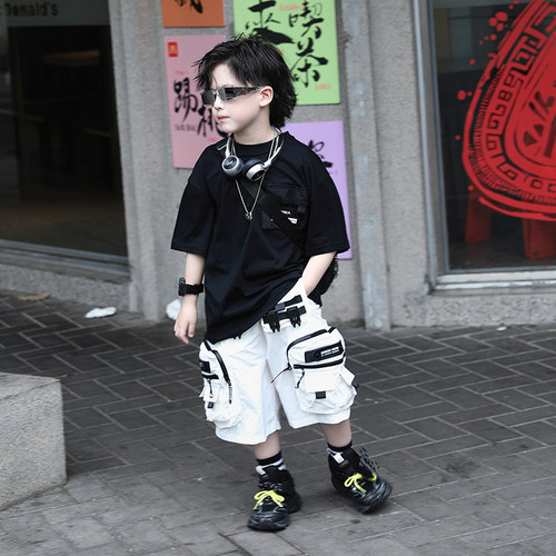 Jimmy妈童装【极简酷感】夏季·黑色潮酷机能标签口袋挂饰短袖T恤