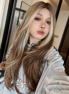 《加州辣妹》亚麻挑染金色假发女全头套仿真丝中分长直发自然欧美