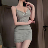 带胸垫甜美风蕾丝V领吊带睡裙女包臀短裙性感情趣味睡衣纯欲小胸