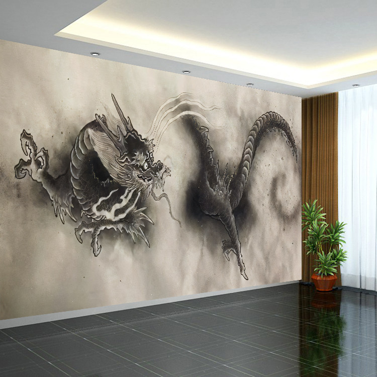 中国龙水墨山水画墙纸纹身店墙布绒布背景布壁纸刺青挂布传统壁画