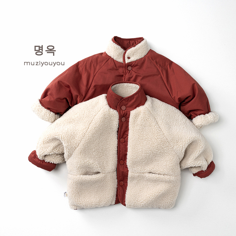 儿童个性两面穿棉衣外套冬季新款男童女童韩版加绒加厚保暖衣服潮