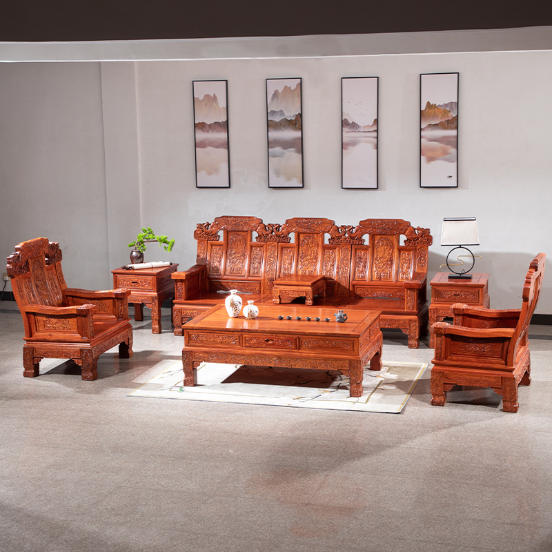 缅甸花梨木红木沙发象头大奔实木客厅家具组合中式大果紫檀沙发