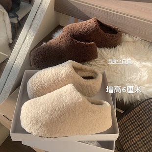 原小白白羊羔毛小暖包加绒6cm厚底毛毛拖鞋女半包雪地棉鞋冬季