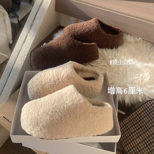 原小白白羊羔毛小暖包加绒6cm厚底毛毛拖鞋女半包雪地棉鞋冬季