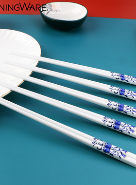 美国康宁餐具Corningware小青花陶瓷筷子5双装青耐高温防霉抗菌