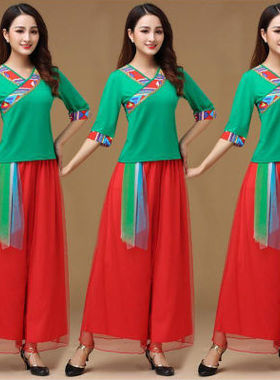广场舞服装新款套装女春秋扇子舞中袖民族风秧歌舞网纱裙古典演出
