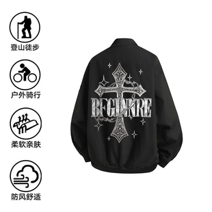 美式高街十字架外套日系棒球服男款春秋季复古印花工装机能夹克男