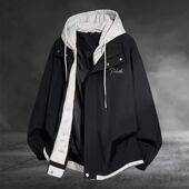 潮牌宽松工装 春秋季 高街假两件外套男女同款 连帽夹克帅气冲锋衣服