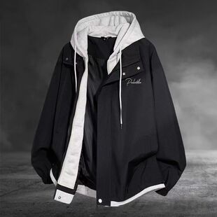 春秋季高街假两件外套男女同款潮牌宽松工装连帽夹克帅气冲锋衣服