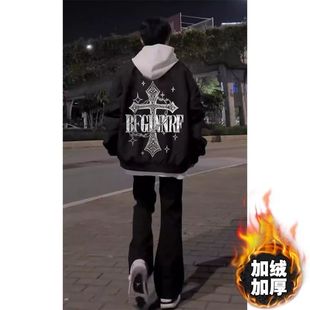 美式高街十字架外套日系棒球服男款秋冬季复古印花加绒加厚夹克男