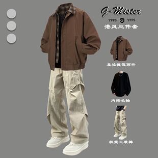美拉德潮流假两件外套夹克春季男士潮搭机能工装裤酷帅男装一整套