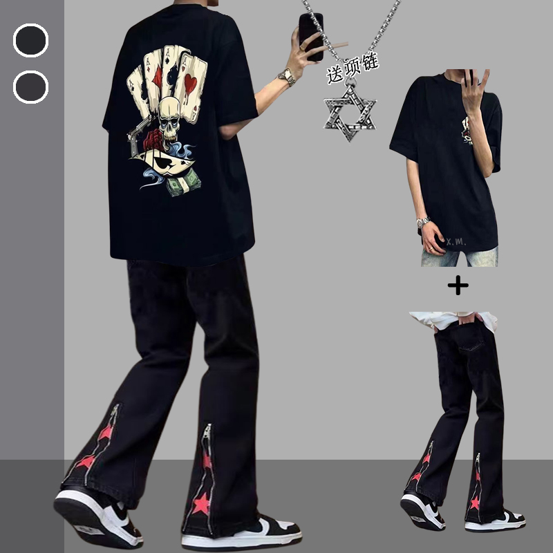 短袖牛仔裤套装潮男穿搭夏季