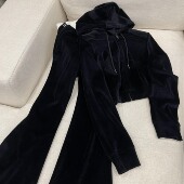 新款 喇叭长裤 显瘦黑色丝绒套装 开衫 女时髦连帽短款 秋季