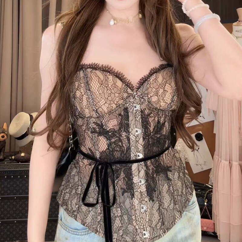 黑木昭和/巨巨掐腰显瘦鱼骨胸衣女重工蕾丝刺绣吊带上衣