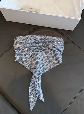 时髦辣妹浅蓝色亮片性感百搭绑带短款抹胸内搭打底上衣女