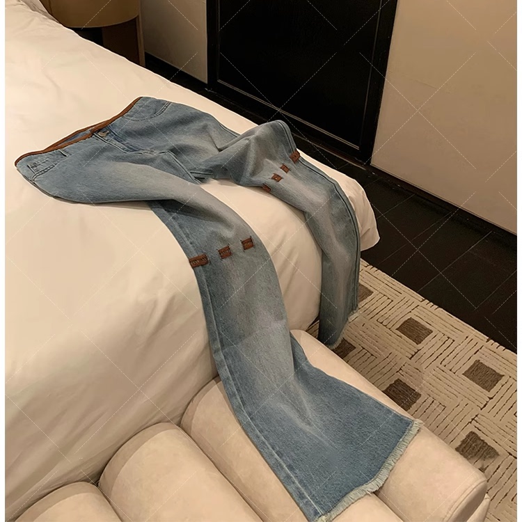 薄款低腰牛仔裤女毛边微喇长裤