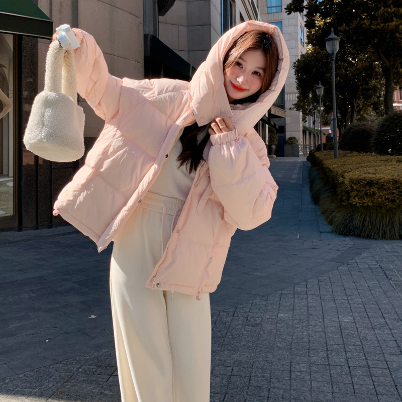 白鸭绒连帽羽绒服女短款加厚粉色2025冬季新款面包服保暖外套百搭