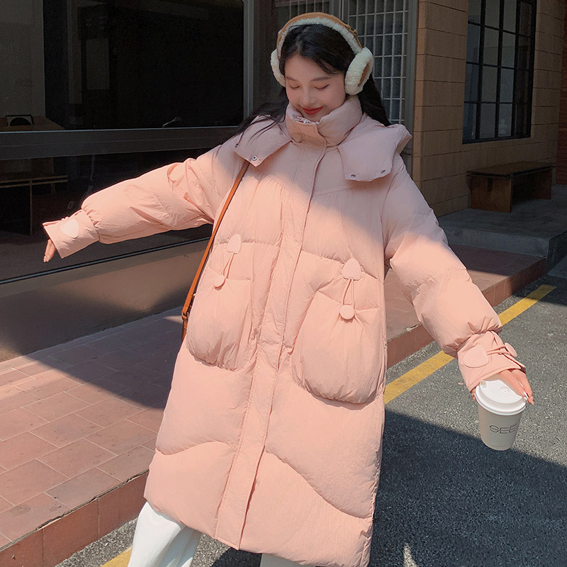 2025冬季新款粉色连帽白鸭绒羽绒服女中长款拉链加厚保暖外套女美