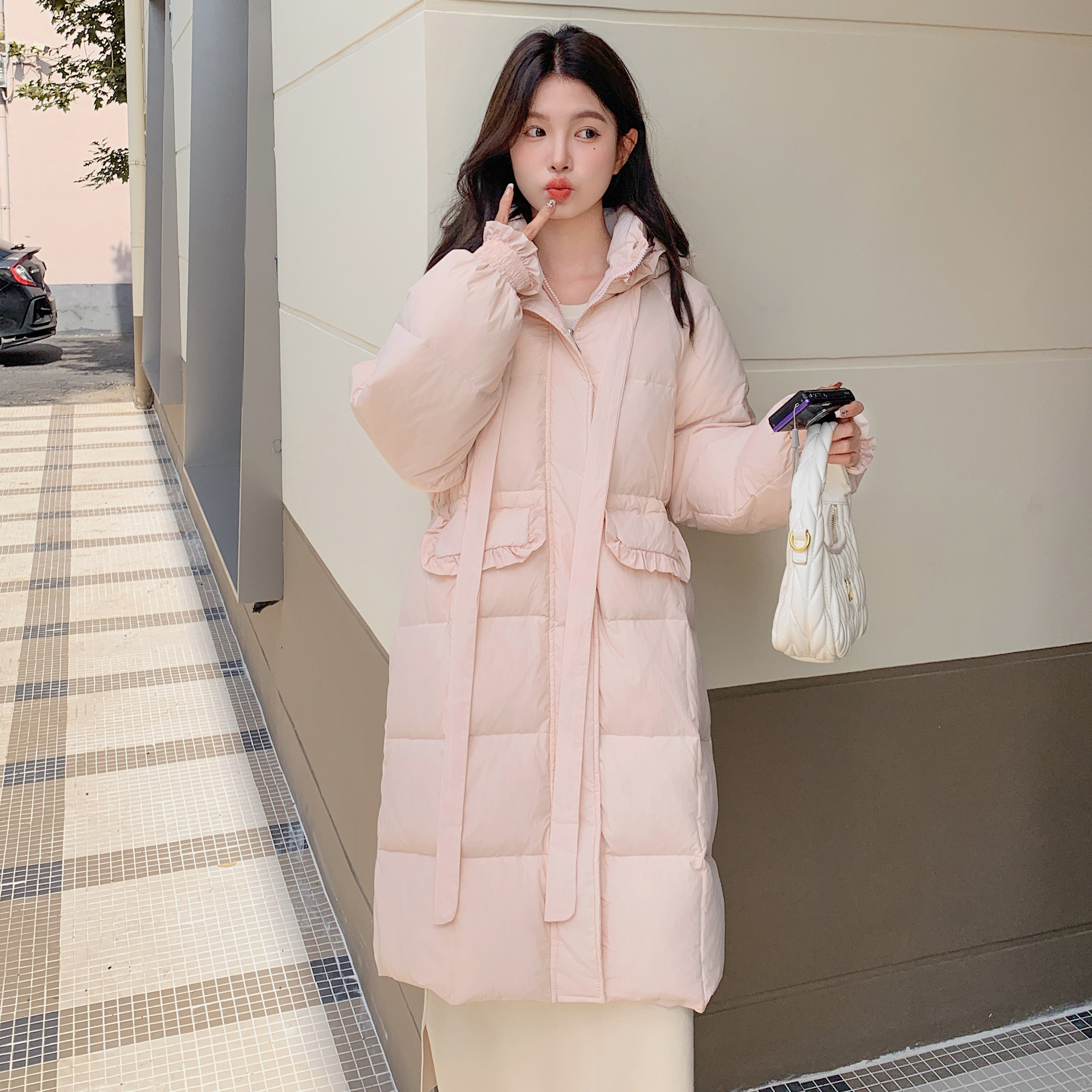粉色连帽白鸭绒羽绒服女2025冬季新款中长款拉链加厚保暖外套女美