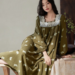 睡裙女秋天纯棉长袖宽松休闲甜美长款睡衣可外穿家居服裙子春秋款