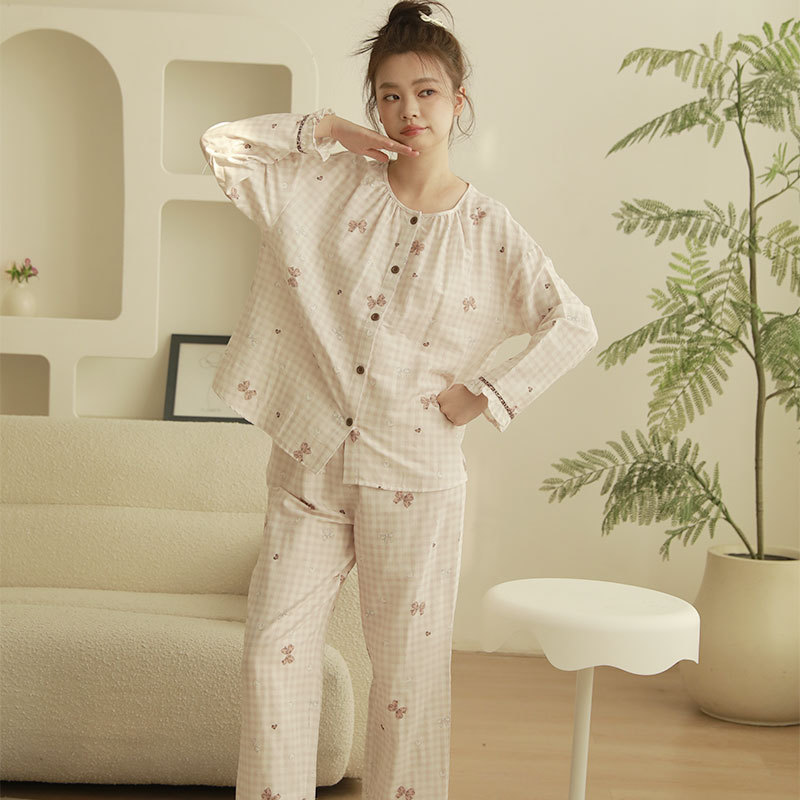 2026春季新品全棉双层纱布家居服可爱豹纹蝴蝶结公主风长袖睡衣套