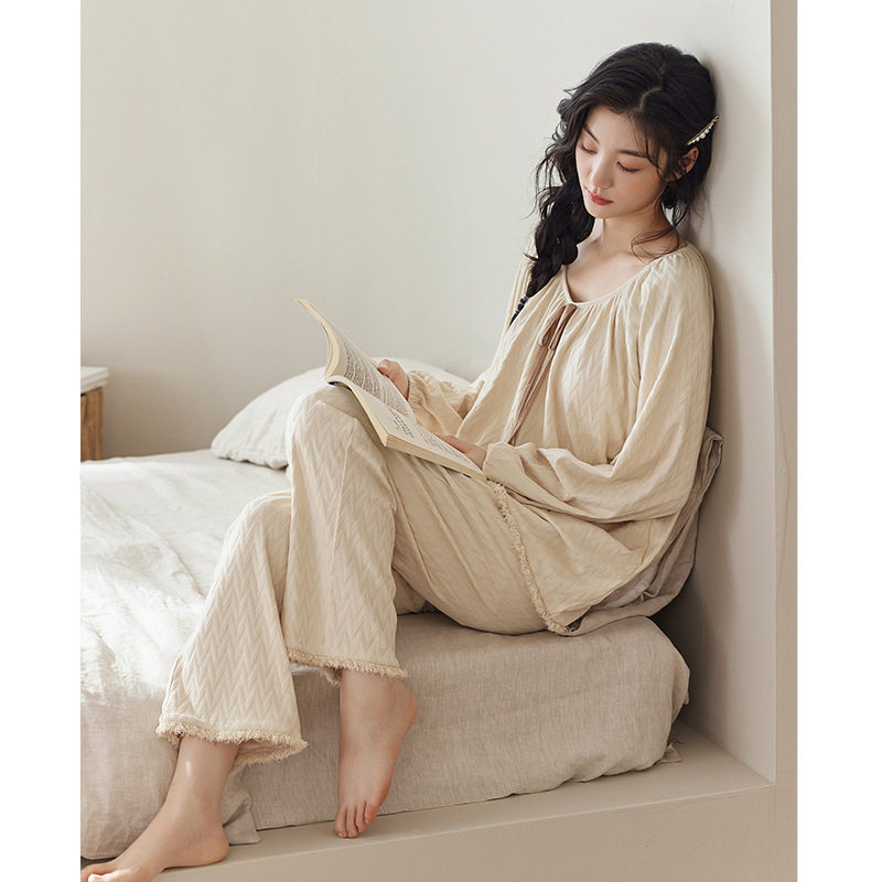 【带胸垫】睡衣女款春秋款纯棉长袖时尚高级感流苏边家居服可外穿