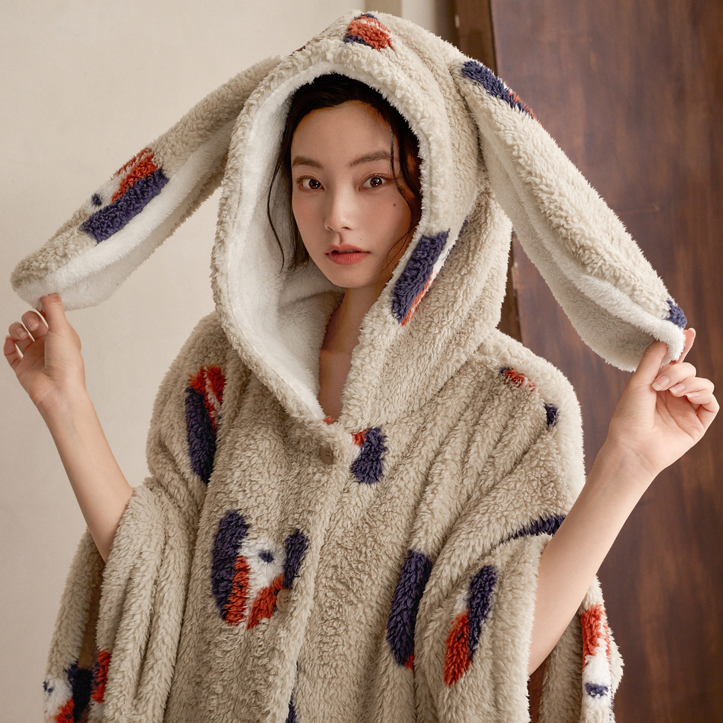 睡袍女冬天加厚珊瑚绒连帽甜美宽松斗篷披风长款睡衣浴袍晨袍冬季