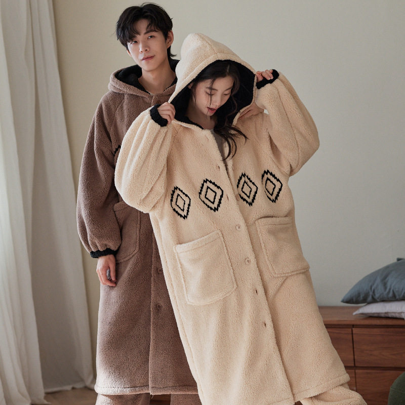 情侣睡衣秋冬款珊瑚绒连帽加长款睡袍一男一女两件套家居服法兰绒