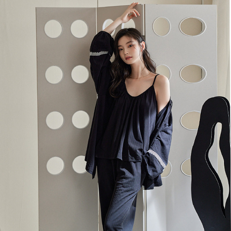 带胸垫睡衣女春秋款纯棉长袖家居服高级感吊带三件套装秋季